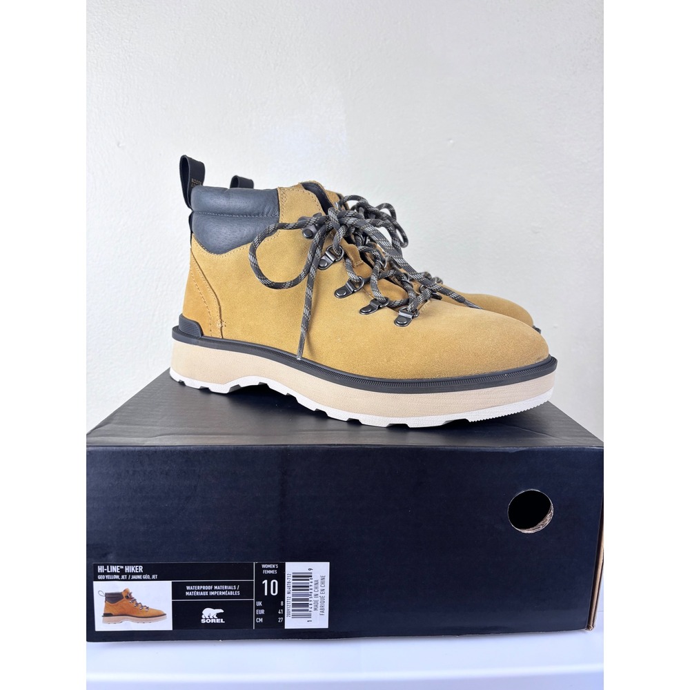 New SOREL Hi-Line Hiker Boots Women's 10 Geo Yellow Waterproof Suede Gorpcore